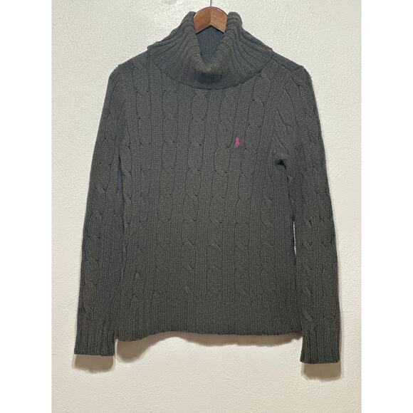 VTG Ralph Lauren Cotton Cable Knit Turtleneck Sweater M Grey Classic Preppy - Picture 1 of 13